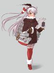  adapted_costume alternate_costume amatsukaze_(kantai_collection) blush brown_eyes coat fur_trim gloves grey_background guriko_(mossari) hair_tubes hairband holding holding_paper kantai_collection long_hair looking_at_viewer paper rensouhou-kun silver_hair simple_background smoke smokestack striped striped_legwear thighhighs two_side_up 