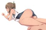  bare_shoulders blurry brown_eyes brown_hair depth_of_field food fueru_nattou i-401_(kantai_collection) kantai_collection lying name_tag on_stomach open_mouth ponytail popsicle school_swimsuit short_ponytail solo sweat swimsuit swimsuit_under_clothes tan white_background 