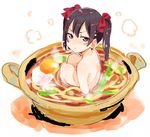  arms_at_sides back bangs black_hair blush_stickers bowl egg food from_behind hair_ribbon haruno_shuu in_bowl in_container in_food knees_up looking_at_viewer looking_back love_live! love_live!_school_idol_project minigirl noodles nude partially_submerged red_eyes red_ribbon ribbon sitting solo steam twintails udon yazawa_nico 