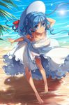  alternate_costume areolae blue_eyes blue_hair breasts collarbone colored_eyelashes covered_nipples double_bun dress highres kantai_collection large_breasts leaning_forward long_hair looking_at_viewer nipples off_shoulder see-through smile solo standing urakaze_(kantai_collection) vin water white_dress 