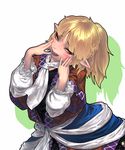  arm_warmers blonde_hair blush braid fangs gengoroumaru_(ambidextrous) green_eyes looking_to_the_side mizuhashi_parsee open_mouth pointy_ears ponytail scarf shirt short_hair short_sleeves simple_background skirt smile solo touhou upper_body vest 