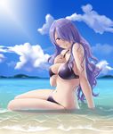  1girl beach bikini blue_sky blush breasts camilla_(fire_emblem_if) cleavage cloud curly_hair fire_emblem fire_emblem_if hair_over_one_eye large_breasts long_hair looking_at_viewer navel ocean partially_submerged purple_eyes purple_hair sand sitting sky smile solo stomach sunlight swimsuit thor_(deep_rising) underboob water wet 