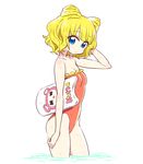  blonde_hair blue_eyes casual_one-piece_swimsuit chan_co character_print cowboy_shot double_bun frilled_swimsuit frills from_side kickboard kuma_(pripara) minami_mirei one-piece_swimsuit orange_swimsuit pretty_(series) pripara short_hair simple_background solo swimsuit wading water wet white_background 