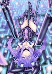  :d arm_behind_head arms_up bangs black_legwear blue_eyes braid breasts cleavage cleavage_cutout covered_navel emblem from_above full_body gloves glowing hair_between_eyes hair_ornament highres honke_ganso huge_weapon leotard light_particles long_hair looking_at_viewer lying magical_girl neptune_(choujigen_game_neptune) neptune_(series) on_back open_mouth planted_sword planted_weapon power_symbol purple_hair purple_heart sideboob sidelocks smile solo sword symbol-shaped_pupils thighhighs twin_braids vambraces very_long_hair weapon 