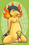  ^_^ ambiguous_gender annoyed anthro anthrofied arms_tied balls blush bound bow cel_shading cute_fangs digital_media_(artwork) duo eyes_closed feral fire flaccid front_view hands_behind_back joltik kneeling lalzimsooodrunkrightnow looking_away male muscles nintendo partially_retracted_foreskin pecs penis pok&eacute;mon ribbons signature smile spread_legs spreading suspension typhlosion video_games 