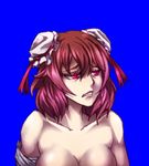  bandaged_arm bandages blue_background breasts bun_cover collarbone disgust double_bun frown ibaraki_kasen large_breasts mazeran nude out-of-frame_censoring pink_eyes pink_hair short_hair simple_background solo teeth touhou upper_body 