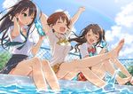  armpit_peek barefoot brown_eyes brown_hair cloud day green_eyes honda_mio idolmaster idolmaster_cinderella_girls long_hair morikura_en multiple_girls necktie new_generations no_cardigan no_jacket one_side_up open_mouth outdoors pool rainbow ramune school_uniform shibuya_rin shimamura_uzuki short_hair sky smile water 