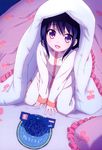 :d absurdres blue_hair charlotte_(anime) constellation highres non-web_source nyantype official_art open_mouth otosaka_ayumi pajamas purple_eyes smile solo 