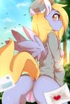  &lt;3 &lt;3_eyes 2015 anthro anthrofied blonde_hair blush bottomless breasts butt clothed clothing derpy_hooves_(mlp) dock equine female friendship_is_magic hair half-dressed mammal my_little_pony nipples outside pegasus pussy rainbowscreen solo tree wings 