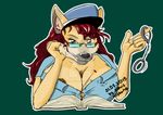  alexis_kitsune book breasts brown_eyes button_popping canine cleavage clothed clothing dog eyewear fox fur german_shepherd glasses hair handcuffs hat looking_at_viewer mammal nipples officer_peitsche on_duty playing police police_officer policewoman red_hair shackles suggestive teeth wolf 