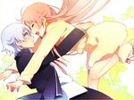  1boy 1girl bell bell_collar catgirl collar highres hug isana_yashiro jumping k_(anime) neko_(k) orange_eyes short_hair silver_hair simple_background 