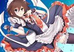  alternate_costume apron bad_id bad_pixiv_id blue_eyes braid brown_hair dutch_angle enmaided finger_to_cheek frills hair_ornament hair_over_shoulder highres inaba_sunimi kantai_collection maid maid_apron maid_headdress open_mouth remodel_(kantai_collection) shigure_(kantai_collection) single_braid solo thighhighs zettai_ryouiki 