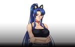  angry animal_ears blue_hair breasts cat_ears cleavage female gradient gradient_background kagami_hirotaka large_breasts lilith-soft long_hair looking_at_viewer ponytail red_eyes solo taimanin_asagi taimanin_asagi_battle_arena upper_body yatsu_murasaki 