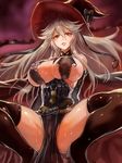  belt black_legwear blush breasts detached_sleeves edobox granblue_fantasy hat large_breasts lips looking_at_viewer magisa_(granblue_fantasy) open_mouth silver_hair solo spread_legs thighhighs wet witch_hat 