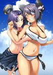  bikini bird blue_sky breast_grab breasts cleavage cloud day eyepatch grabbing grabbing_from_behind halo headgear kantai_collection large_breasts mechanical_halo multiple_girls navel purple_hair pyz_(cath_x_tech) short_hair sky swimsuit tatsuta_(kantai_collection) tenryuu_(kantai_collection) yellow_eyes 