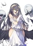  albedo bare_shoulders black_hair black_wings elbow_gloves gloves hands_clasped highres hip_vent horns long_hair looking_at_viewer low_wings md5_mismatch mitu_yang open_mouth overlord_(maruyama) own_hands_together skull solo wings yellow_eyes 