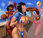  abs aka6 america american_flag_bikini bare_shoulders bikini black_hair blonde_hair blue_eyes breasts bulge cleavage commentary dark_skin fireworks flag_print food food_in_mouth hair_over_one_eye hamburger hot_dog ice_cream ice_cream_cone large_breasts lips multiple_girls phallic_symbol ponytail sexually_suggestive short_hair side-tie_bikini spoon strapless swimsuit tattoo tribal_tattoo underboob waffle_cone 