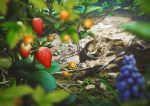  animal berries bird black_eyes blurry blurry_foreground commentary_request day depth_of_field eurasian_tree_sparrow food fruit grapes leaf mocha_(cotton) no_humans on_ground original outdoors scenery sparrow strawberry 
