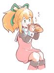 blonde_hair blush bow done_(donezumi) dress eating food food_on_face green_eyes long_sleeves ponytail rockman roll simple_background solo translated white_background 