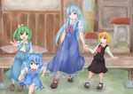  :o ascot black_footwear black_skirt black_vest blonde_hair blue_bow blue_dress blue_eyes blue_hair blue_shirt blue_skirt blue_vest bow bowtie brown_footwear building cirno commentary daiyousei dress fairy_wings green_eyes green_hair grin hair_bow hair_ribbon highres holding_hands ice ice_wings kamishirasawa_keine loafers long_hair long_sleeves mary_janes multiple_girls necktie no_hat no_headwear outstretched_arm paper ponytail red_bow red_eyes red_neckwear red_ribbon ribbon rumia shirt shoes short_hair short_sleeves shou_(ahiru_shinobu) skirt smile sock_bow socks stool table touhou vest wings yellow_bow yellow_eyes 