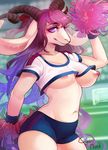  anthro bloomers breasts caprine cheerleader clothed clothing cyan_mint female goat horn mammal nipples pompom pose purple_eyes skimpy smile solo wardrobe_malfunction 