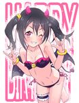  ;) \m/ barefoot bikini black_hair blush bracelet breasts demon_girl demon_tail demon_wings double_\m/ grin heart heart-shaped_pupils highres horns jewelry k10k leg_garter looking_at_viewer love_live! love_live!_school_idol_project navel nico_nico_nii one_eye_closed parted_lips red_eyes side-tie_bikini small_breasts smile solo swimsuit symbol-shaped_pupils tail twintails wings yazawa_nico 