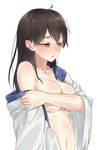  alternate_hairstyle blush breast_hold breasts brown_hair clothes_down collarbone covering covering_breasts embarrassed hair_between_eyes hair_down highres japanese_clothes kaga_(kantai_collection) kantai_collection long_hair looking_to_the_side medium_breasts navel rolua solo stomach undressing upper_body yellow_eyes 