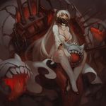  3four black_footwear breasts cleavage covered_mouth dress high_heels horns kantai_collection large_breasts long_hair machinery midway_hime molten_rock red_eyes shinkaisei-kan shoes sitting solo spikes turret veins very_long_hair white_dress white_hair 