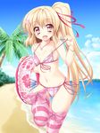  :d beach bikini blonde_hair blush bracelet day flandre_scarlet flat_chest floral_print hair_ornament hair_ribbon hairclip heart heart_hair_ornament highres hips innertube jewelry kamiya_tomoe long_hair looking_at_viewer midriff navel necklace no_hat no_headwear no_wings ocean open_mouth pink_legwear plaid plaid_bikini red_eyes ribbon sand short_hair_with_long_locks side_ponytail smile solo standing standing_on_one_leg striped striped_legwear swimsuit thighhighs touhou very_long_hair 