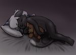  anthro balls bed black_fur black_panther cub cuddling curled_up ears_back eyes_closed fangs feline fur gradient_background hair harmarist lying male mammal night nude on_side open_mouth panther pillow seliron_(character) sheath simple_background sleeping solo teddy_bear white_fur white_hair young 