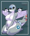  2015 big_breasts black_skin blue_eyes breasts chubby female grey_skin hir_res kloudmutt living_aircraft living_machine looking_at_viewer machine nude propeller sitting smile solo teeth thick_thighs white_skin 