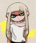  domino_mask green_eyes inkling long_hair mask paint paint_splatter shirt short_sleeves solo splatoon_(series) splatoon_1 t-shirt tentacle_hair toi_(toiot) uneven_eyes upper_body white_hair white_shirt 