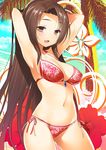  47agdragon armpits arms_up bikini blush breasts brown_eyes brown_hair cleavage highres long_hair medium_breasts navel open_mouth original red_bikini smile solo swimsuit 