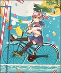  bicycle black_legwear blouse brown_hair fish food frog fruit green_eyes ground_vehicle highres itomugi-kun kantai_collection kinugasa_(kantai_collection) leaf_umbrella lemon lemon_slice lemonade long_hair marble open_mouth origami school_uniform serafuku short_hair skirt solo thighhighs tree twintails 