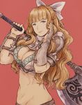  armor axe battle_axe blonde_hair blue_eyes bow breasts charlotte_(fire_emblem_if) cleavage fire_emblem fire_emblem_if hair_bow highres holding holding_axe large_breasts long_hair maekakekamen over_shoulder pauldrons red_background smile solo spikes weapon weapon_over_shoulder 