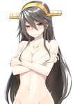  black_hair blush breasts collarbone covering covering_breasts crossed_arms embarrassed hair_ornament hairband hairclip haruna_(kantai_collection) jewelry kantai_collection kyougoku_touya large_breasts long_hair looking_at_viewer navel nude ring solo tears transparent_background 