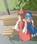  :o ahoge ascot bench blue_bow blue_dress blue_hair blush_stickers bow bowtie brown_eyes brown_hair cirno commentary detached_sleeves dress hair_bow hair_tubes hakurei_reimu head_on_another's_shoulder highres japanese_clothes leaning_on_person leaning_to_the_side miko multiple_girls nature nontraditional_miko pale_(pixiv) pole red_bow red_skirt red_vest shirt short_hair short_sleeves side-by-side sitting skirt sleeping sleeping_on_person sleeping_upright smile sweatdrop touhou vest white_shirt 