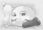  black_and_white flower_in_mouth half-closed_eyes kirby kirby_(series) looking_at_viewer monochrome nintendo pillow pose smile solo traditional_media_(artwork) video_games 
