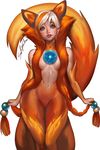 animal_ears banned_artist blue_eyes braid breasts fire firefox fox_ears fox_tail fur hair_censor looking_at_viewer multicolored_hair navel orange_(color) orange_hair personification sakimichan signature small_breasts solo tail twin_braids white_background white_hair wide_hips 