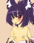  animal_ears blush breasts covering covering_breasts harry_(taka_aselia) japanese_clothes original partially_nude ponytail purple_hair red_eyes shiny_skin simple_background small_breasts solo tongue tongue_out 