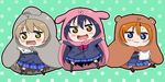  :d adapted_costume animal_costume blazer blue_eyes blue_hair blush brown_hair chibi cosplay eating food himouto!_umaru-chan hood jacket kneehighs kousaka_honoka love_live! love_live!_school_idol_project minami_kotori multiple_girls open_mouth orange_hair otonokizaka_school_uniform school_uniform short_hair sitting smile sonoda_umi sooki wavy_mouth yellow_eyes 