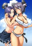  angry bikini bird blue_sky breast_grab breasts cleavage cloud day eyepatch grabbing grabbing_from_behind halo headgear kantai_collection large_breasts mechanical_halo multiple_girls navel outdoors purple_hair pyz_(cath_x_tech) short_hair sky swimsuit tatsuta_(kantai_collection) tenryuu_(kantai_collection) yellow_eyes 