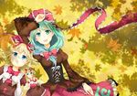  :d autumn_leaves blonde_hair blue_eyes corset dress elbow_gloves front_ponytail gloves green_eyes green_hair hair_ribbon hand_on_own_forehead hands_on_own_chest juliet_sleeves kagiyama_hina layered_dress leaf long_hair long_sleeves looking_at_viewer lying maple_leaf medicine_melancholy mito_tsubaki multiple_girls on_back open_mouth puffy_sleeves ribbon shade short_hair smile su-san touhou wings 