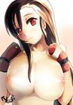  black_hair breast_squeeze breasts cleavage derivative_work final_fantasy final_fantasy_vii fingerless_gloves gloves head_tilt huge_breasts inverted_nipples ishikei_(style) long_hair materia nipples red_eyes smile solo tifa_lockhart yggdrasill_studio 