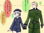  1girl axis_powers_hetalia bad_id bad_pixiv_id black_gloves blonde_hair blue_eyes clothes_writing crossover german germany_(hetalia) gloves hat holding_hands inusaka kantai_collection long_sleeves military military_uniform neckerchief open_mouth partially_translated sailor_collar sailor_hat short_hair silver_hair smile translation_request uniform z1_leberecht_maass_(kantai_collection) 