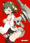 breasts commentary_request frilled_skirt frills glasses green_eyes green_hair hairband highres japanese_clothes kantai_collection kirishima_(kantai_collection) looking_at_viewer md5_mismatch medium_breasts naitou_ryuu panties short_hair skirt smile solo thighhighs underwear wide_sleeves 