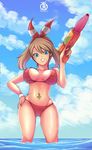  beach bikini breasts breasts_apart brown_hair cloud erect_nipples female green_eyes hair_ribbon haruka_(pokemon) large_breasts looking_at_viewer looking_down navel piercing pokemon pokemon_oras revolverwingstudios ribbon shiny_skin short_hair solo swimsuit water 