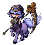  animal_ears blue_eyes blue_hair blush breasts centaur chibi hood medium_breasts monorus monster_girl monster_girl_encyclopedia nightmare_(monster_girl_encyclopedia) scythe short_hair solo tail 