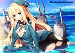  atago_(kantai_collection) beach blonde_hair blue_eyes blush breasts commentary_request day gloves hat kaho_okashii kantai_collection large_breasts long_hair looking_at_viewer ocean outdoors pantyhose sand solo torn_clothes torn_legwear water watermark wet 