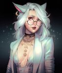  1girl animal_ears avatar_(ffxiv) breasts breasts_apart cat_ears choker crescent_moon dark_background earrings facial_mark final_fantasy final_fantasy_xiv glasses highres jacket jaykaylol jewelry lips long_hair looking_at_viewer medium_breasts miqo&#039;te moon necklace open_clothes open_jacket parted_lips red_eyes round_eyewear scar scar_on_face scar_on_nose solo sparkle upper_body whisker_markings white_hair 